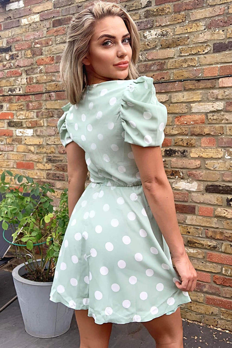 Mint Puff Sleeve Polka Dot Skater Dress