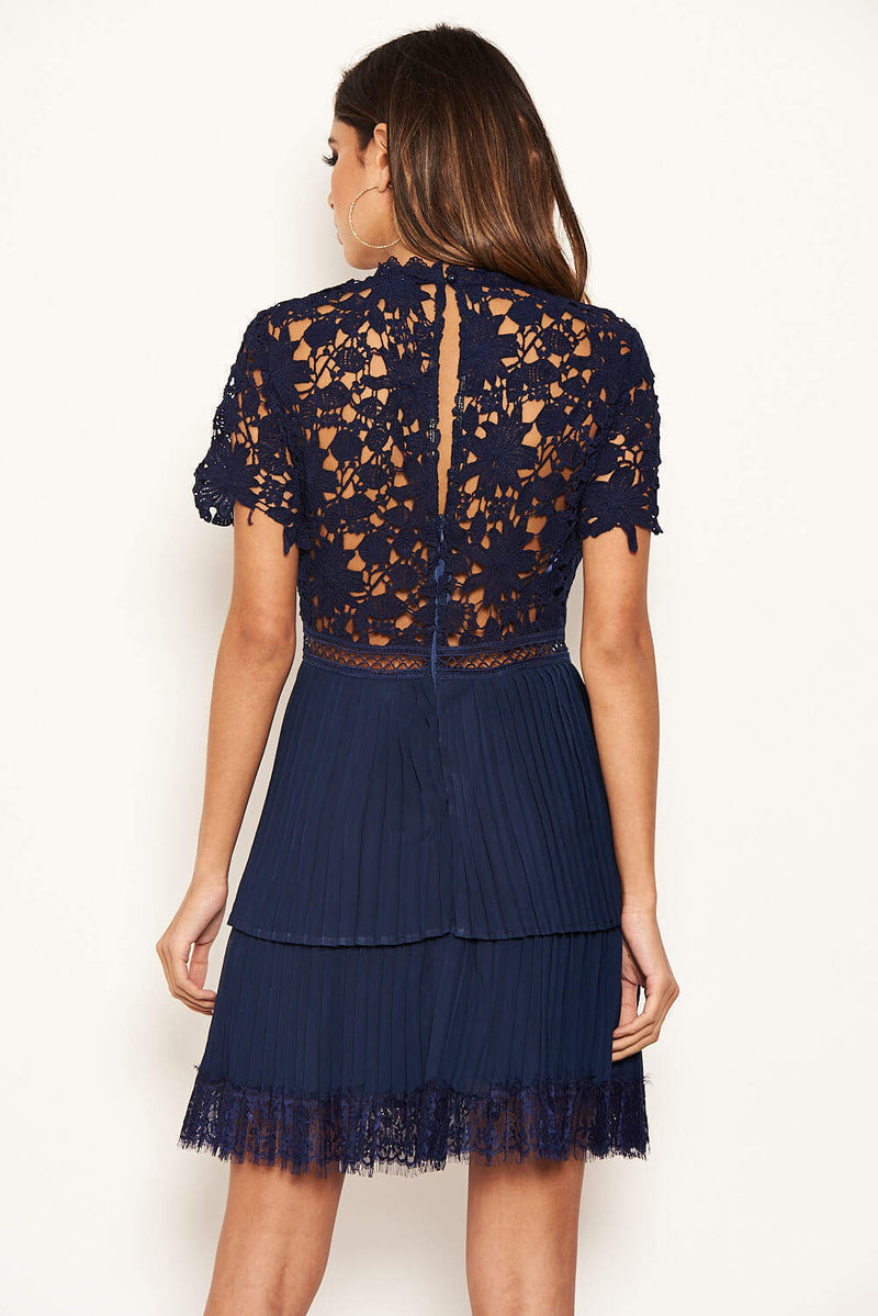 Navy Crochet Pleated Tiered Dress