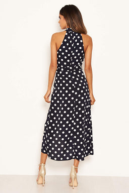 Navy Polka Dot High Neck Slit Front Dress