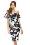 Navy Printed Floral Bardot Midi Dress