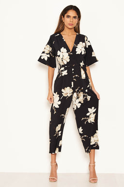 Navy Floral Wrap Culotte Jumpsuit
