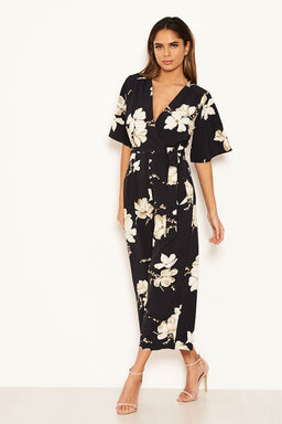 Navy Floral Wrap Culotte Jumpsuit