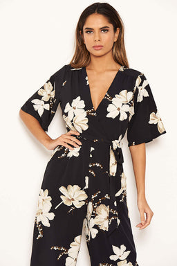 Navy Floral Wrap Culotte Jumpsuit