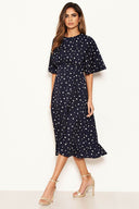 Navy Polka Dot Wrap Frill Midi Dress