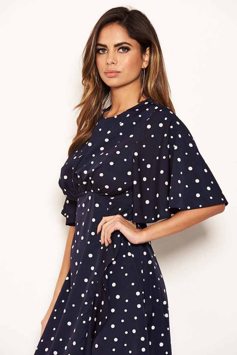 Navy Polka Dot Wrap Frill Midi Dress