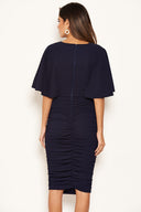 Navy Flared Sleeve Side Ruched Midi Dress