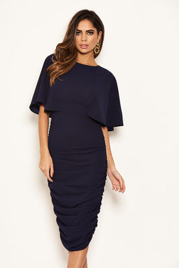 Navy Flared Sleeve Side Ruched Midi Dress
