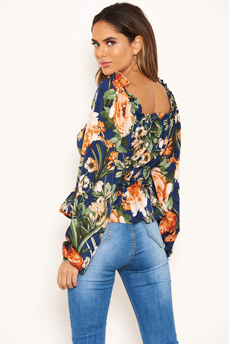 Navy Floral Square Neck Top