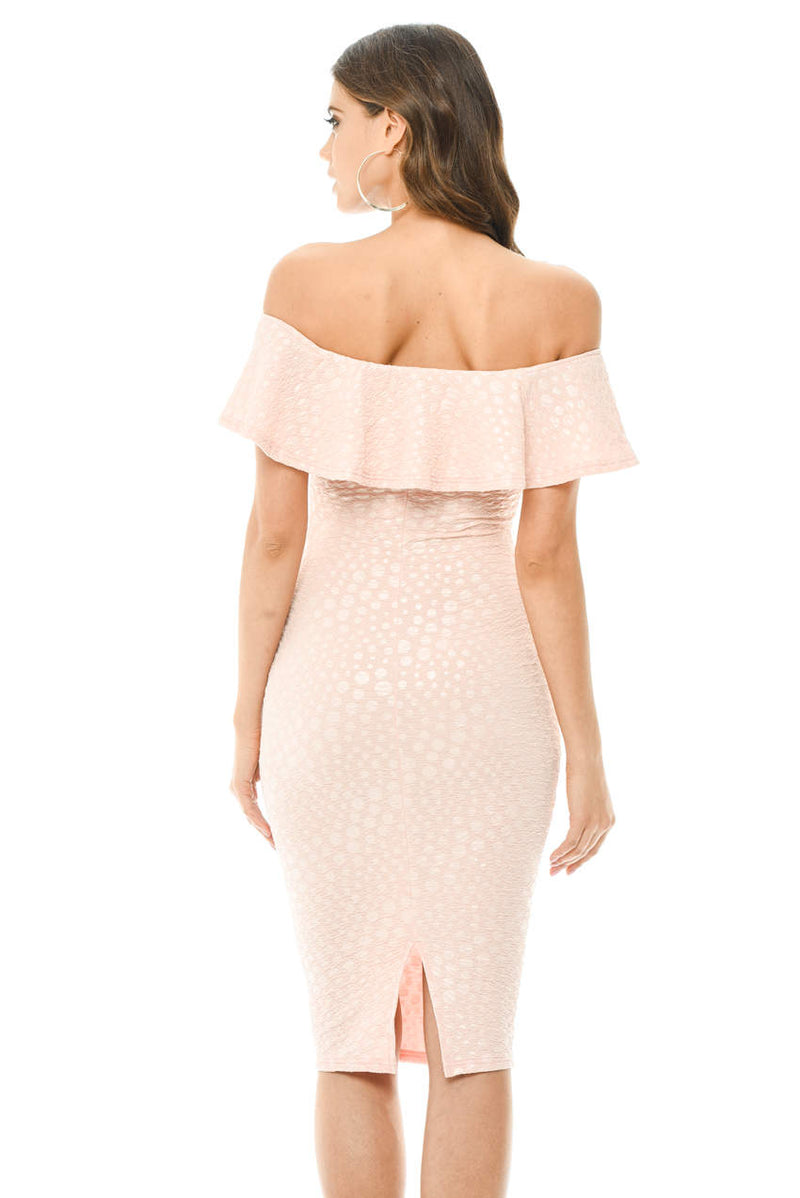 Pink Off The Shoulder Frill Bodycon Midi Dress