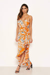 Orange Floral Frill Hem Dress with Tie Waist