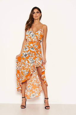 Orange Floral Frill Hem Dress with Tie Waist