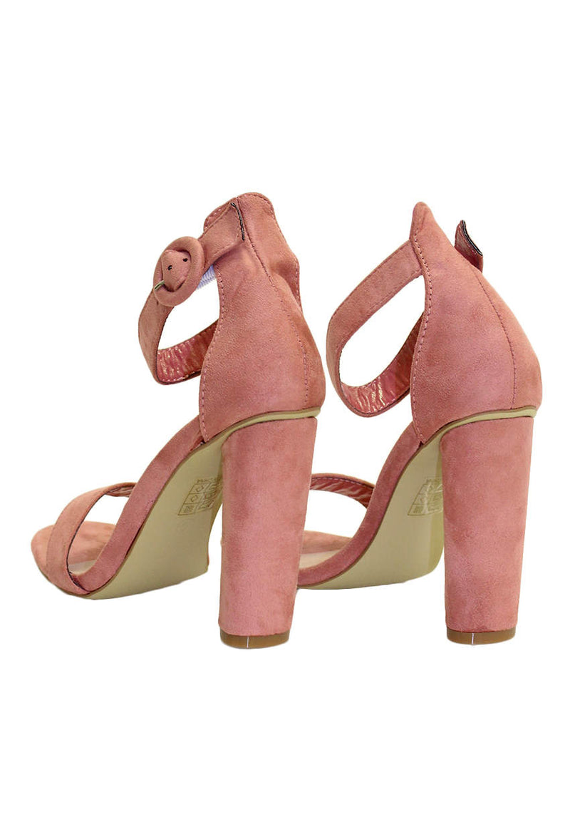 Peach Suede Heels With Thin Buckle Strap