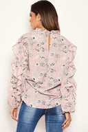 Pink Floral Print Frilled Sleeve High Neck Top