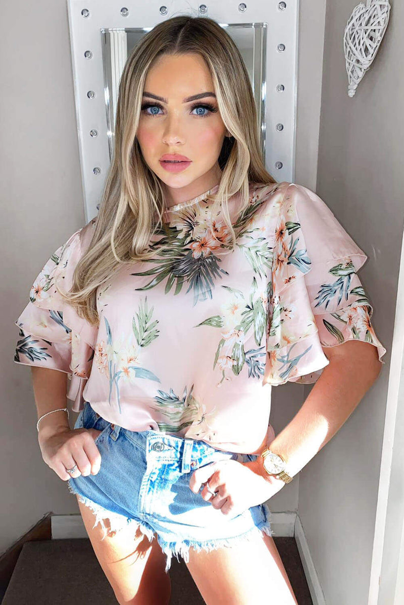 Pink Floral Tiered Frilled Sleeve Top