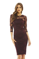 Plum Bodycon Midi Dress with Lace Sleeves