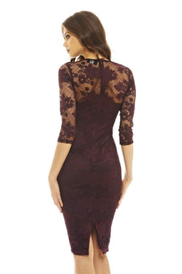 Plum Bodycon Midi Dress with Lace Sleeves