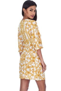 White And Gold Patterned Shift Dress With Flared Sleeves