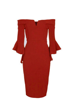 Red Notch Front Frill Sleeve Midi Dress