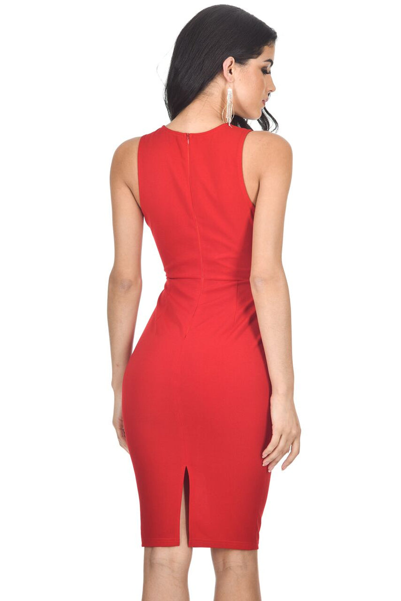 Red V-Neck Front Frill Bodycon Dress