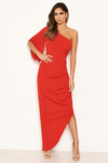 Red One Shoulder Asymmetric Split Dress