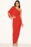Red One Shoulder Asymmetric Split Dress