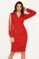 Red Split Sleeve Ruched Bodycon Dress