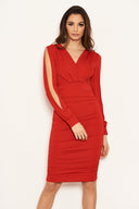 Red Split Sleeve Ruched Bodycon Dress