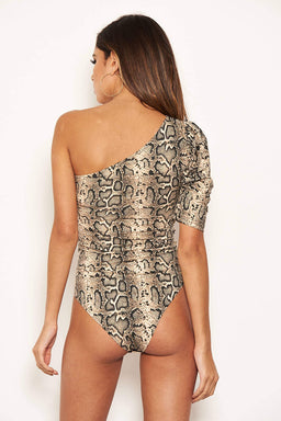 Snake Print Ruched One Shoulder Bodysuit