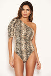 Snake Print Ruched One Shoulder Bodysuit