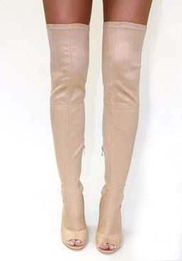 Nude Knee High Peep Toe Suede Heels