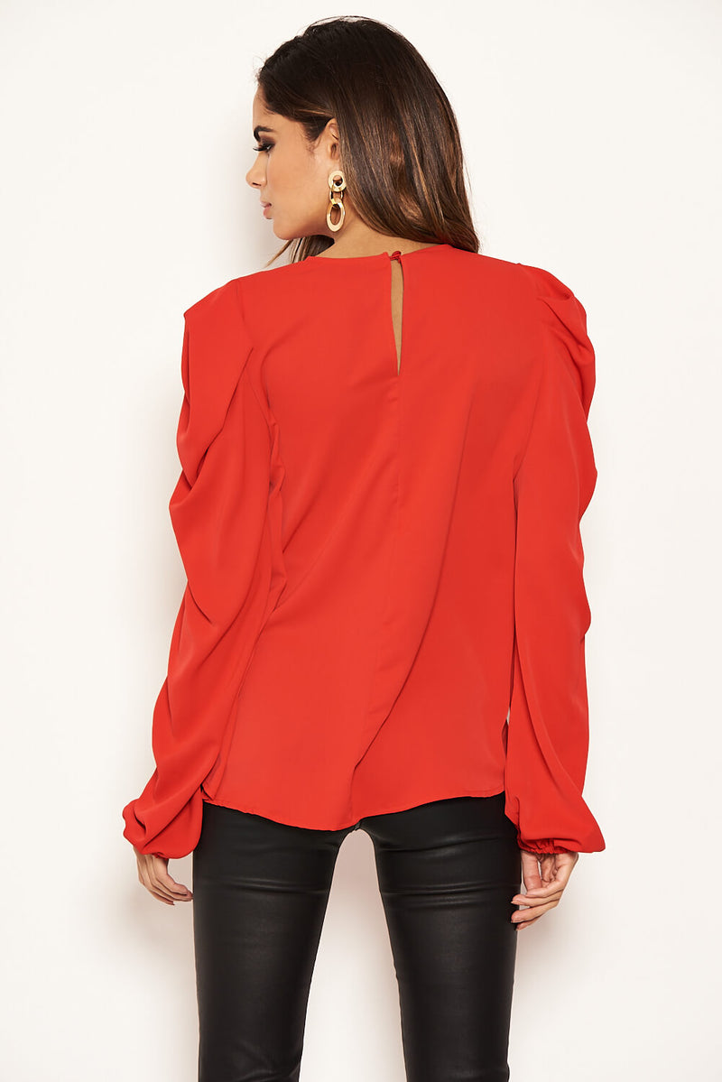 Red Puff Sleeve Loose Fit Top