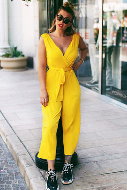 Yellow Culotte Pleated Tie-Waist Jumpsuit
