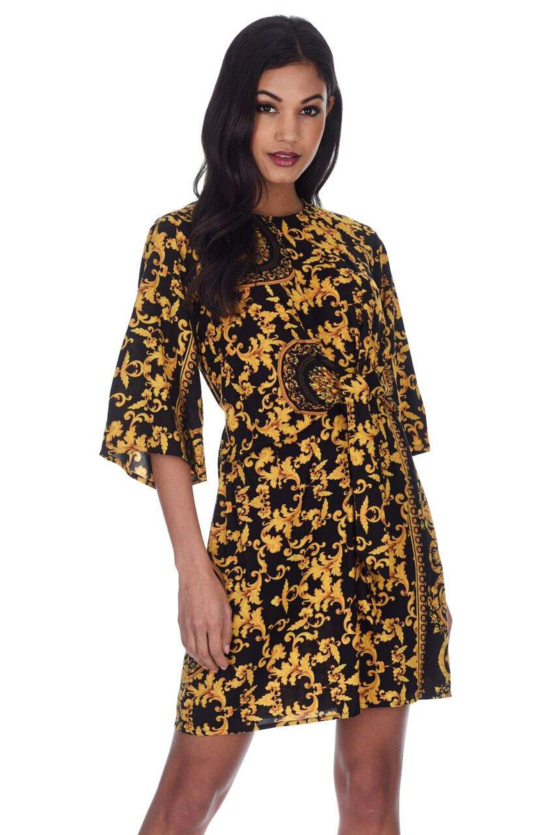 Black And Gold Patterned Shift Dress With Flared Sleeves