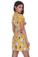 Yellow Floral Print Frill Detail Mini Dress